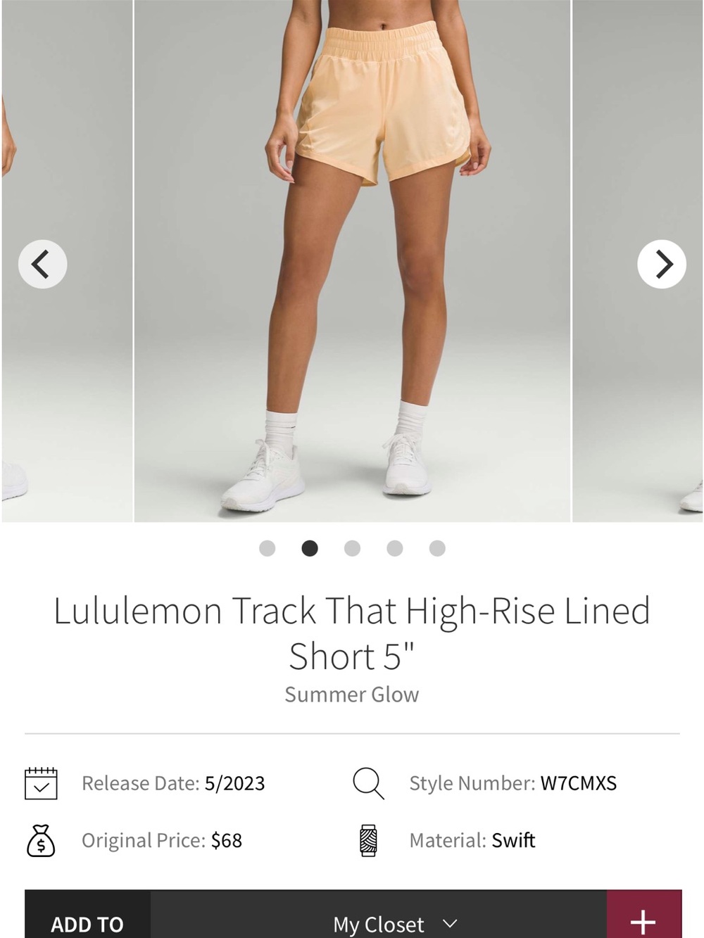 lululemon athletica Track That High-Rise Lined Short — 5 in Summer Glow Peach